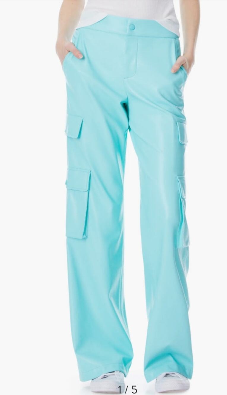 Alice + Olivia Hayes Vegas Leather Aqua Cargo Wide Leg Pants - 0